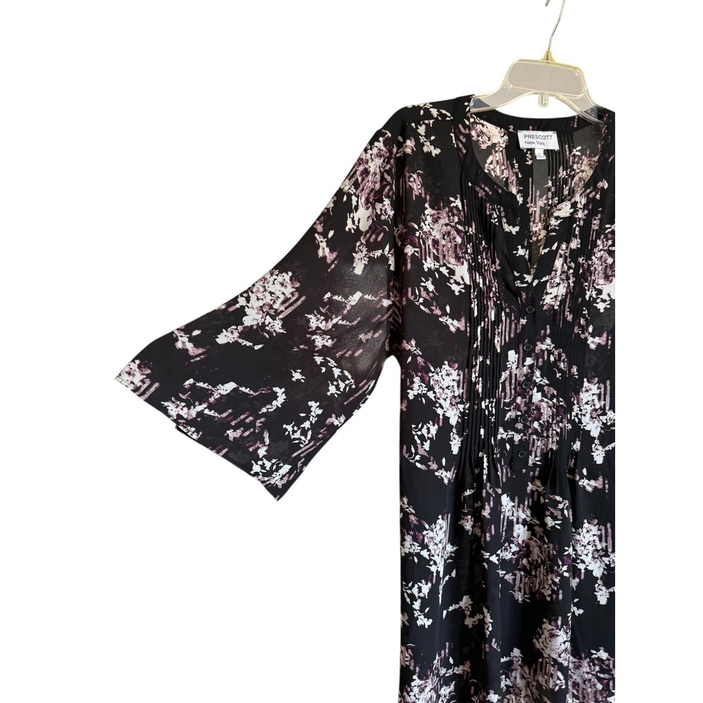 Prescott New York Womens 2X Floral Pintuck Blouse Black Purple 3/4 Bell Sleeve‎ - Picture 3 of 7